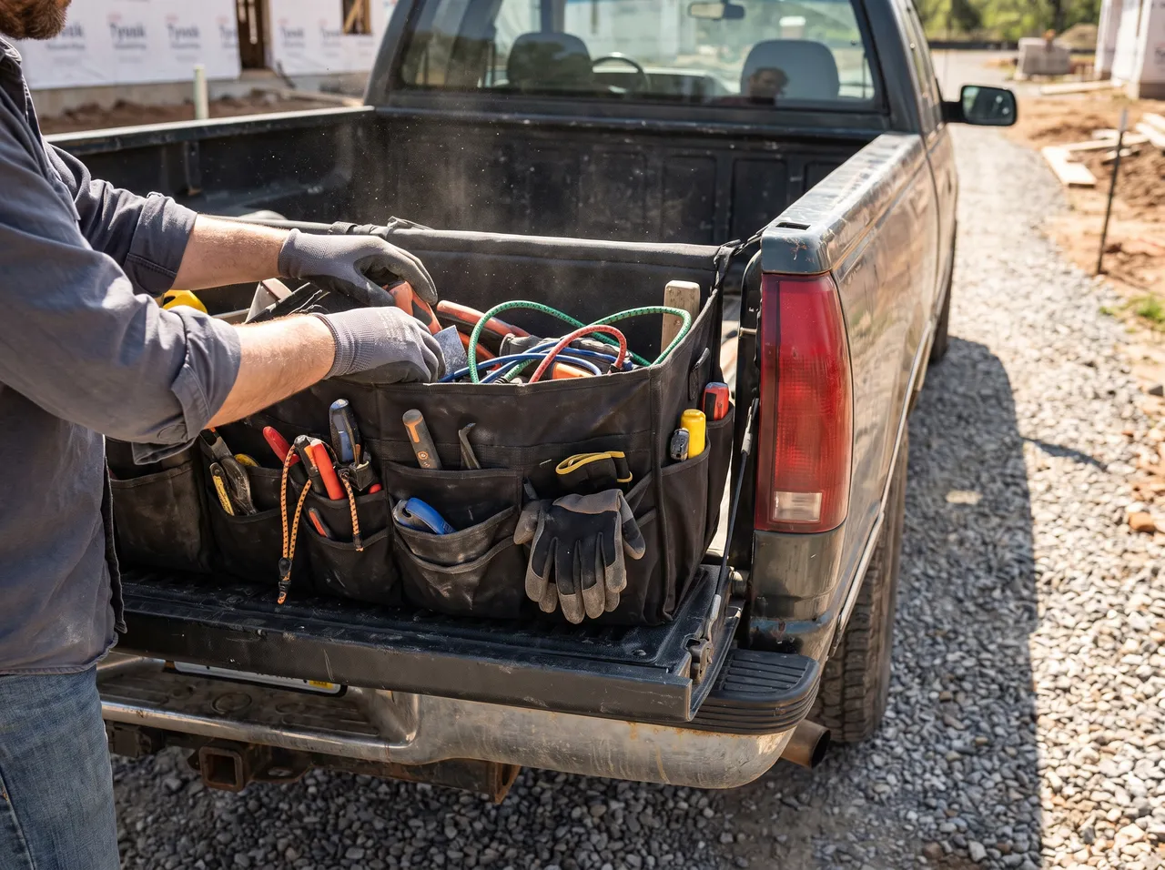 A mesh organizer that mounts to your tailgate and holds tools, straps, gloves, and small gear in open pockets, made for pickup owners who work out of their truck bed.