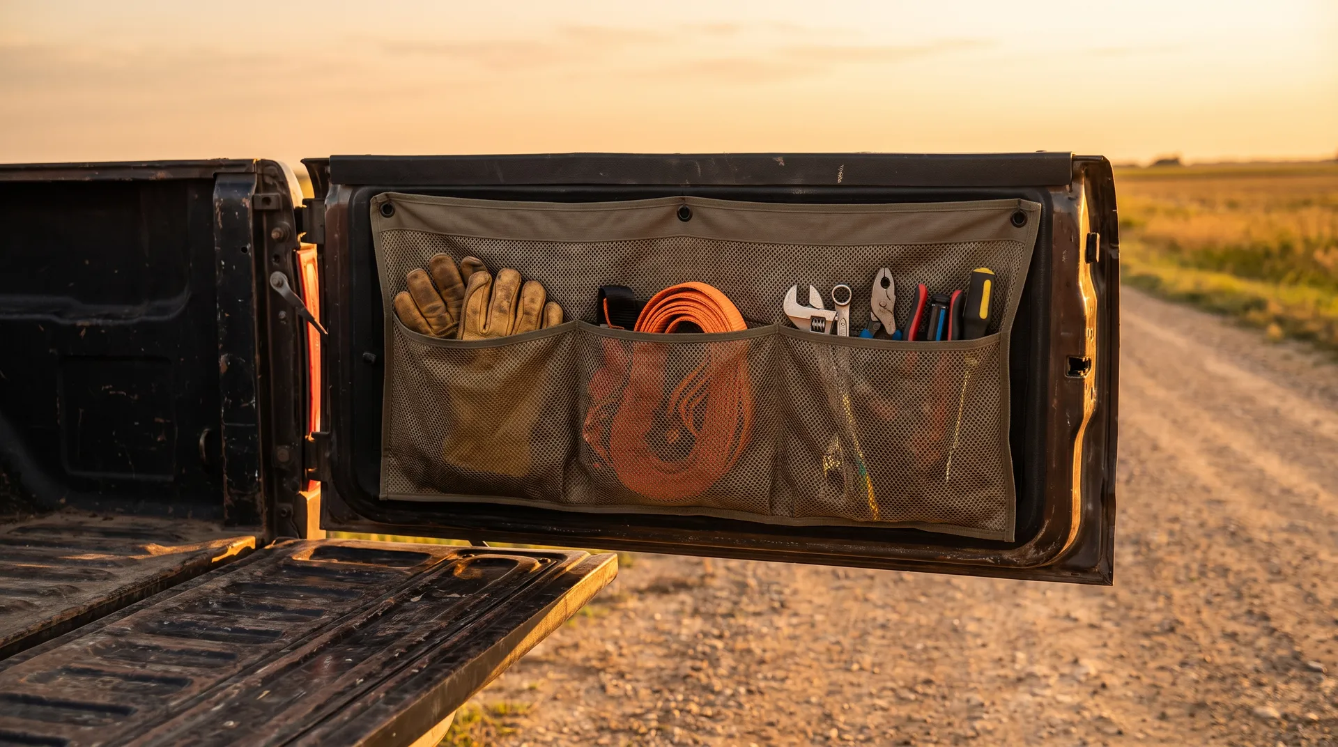 A heavy-duty organizer that mounts to your tailgate or bed wall and keeps tools, straps, and small gear in fixed pockets you can reach in seconds.