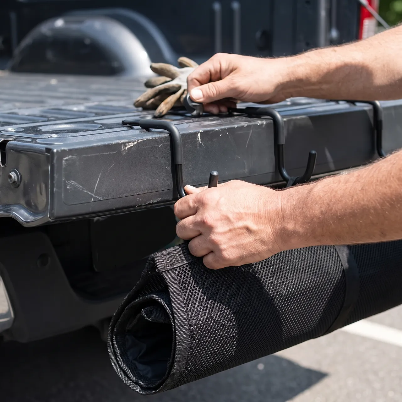 Step 1: Hook the coated hooks over the tailgate lip