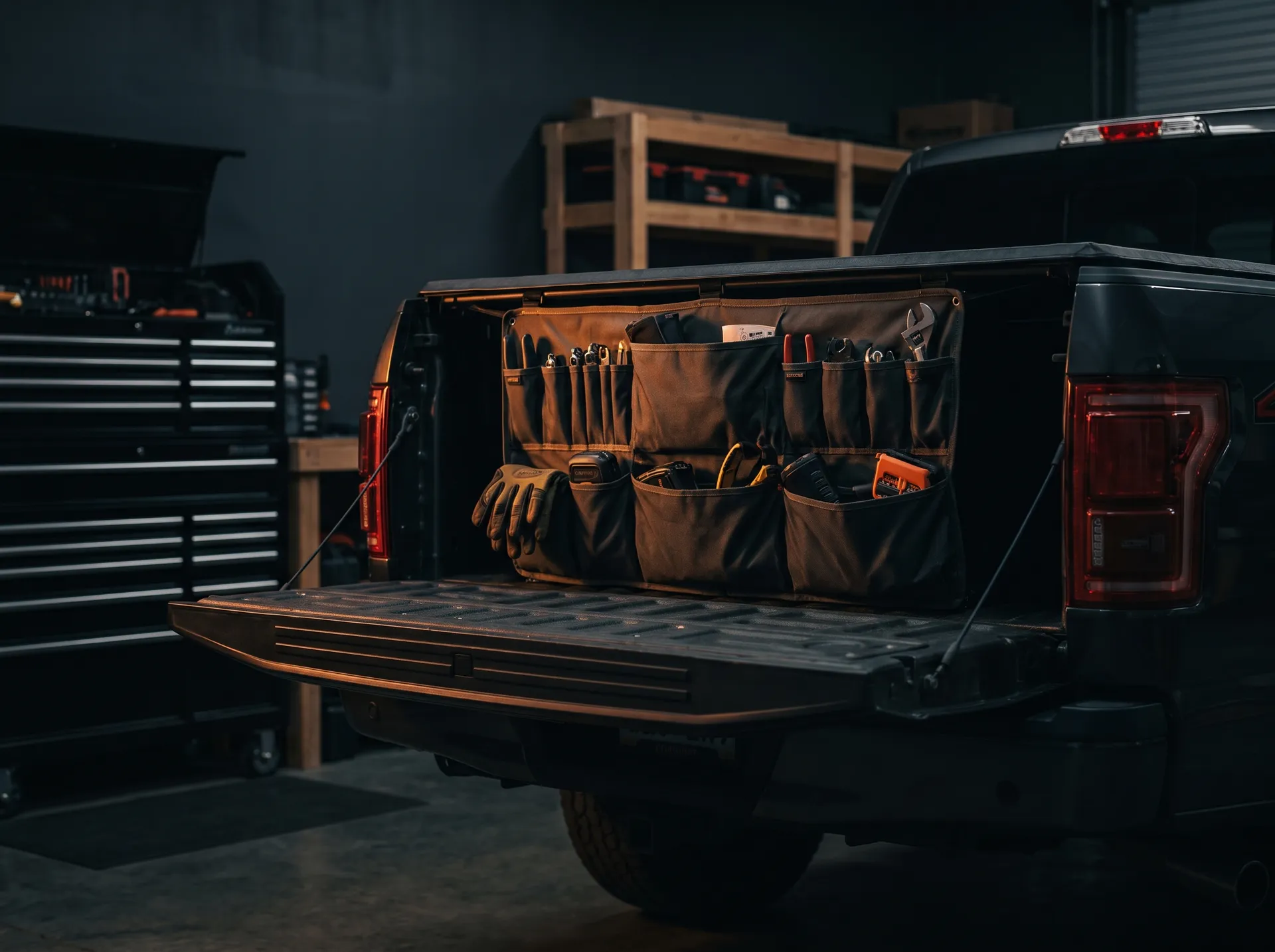 A mesh organizer that mounts to your tailgate and holds tools, straps, gloves, and small gear in open pockets, made for pickup owners who work out of their truck bed.