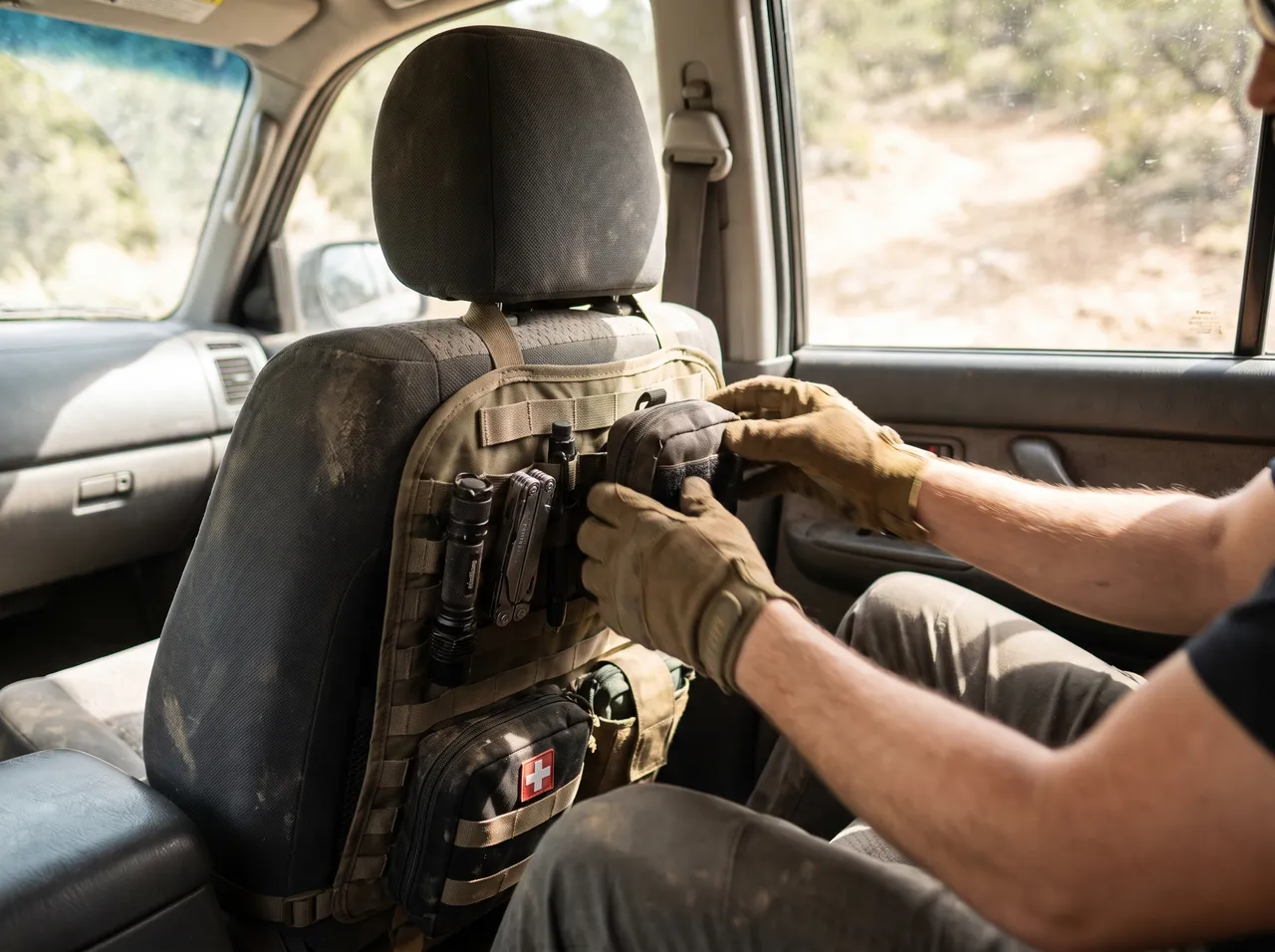 A MOLLE panel that straps to almost any car or truck seat back, built for drivers who want their EDC gear, tools, and pouches organized and within reach.