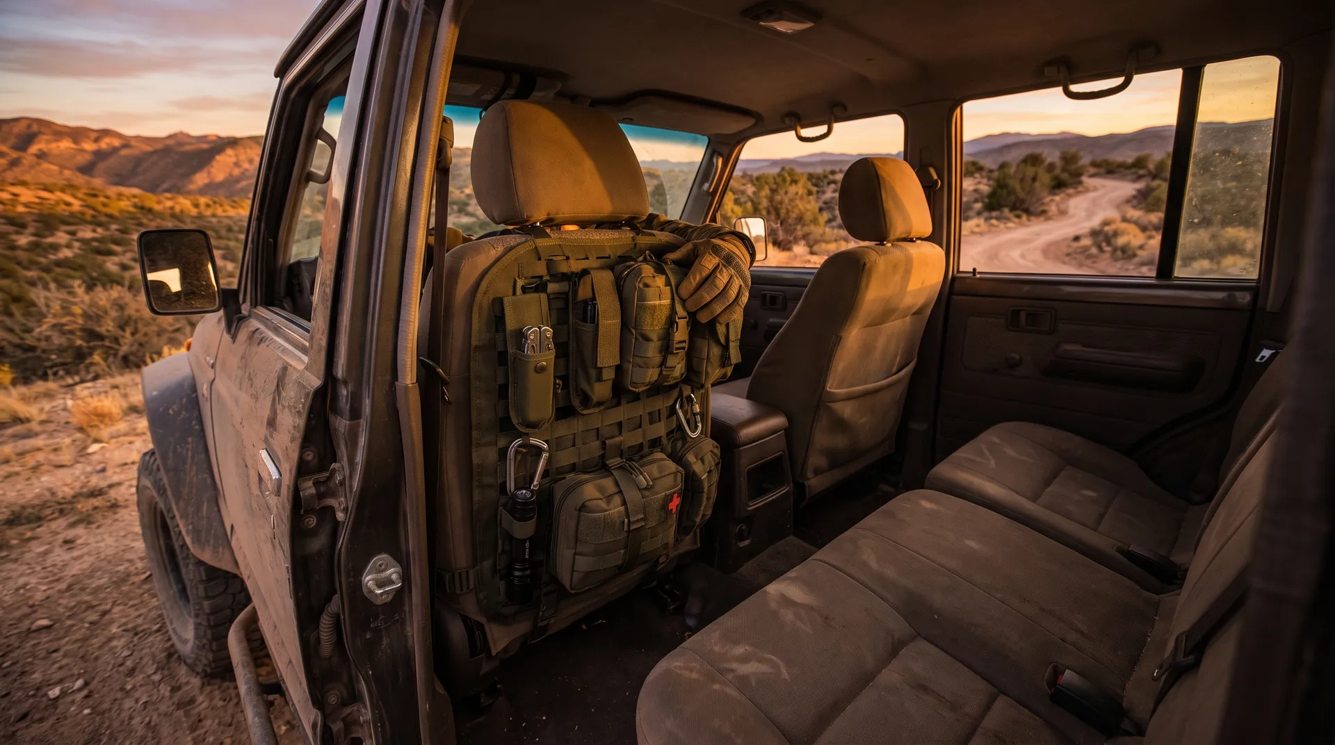 A MOLLE panel that straps to almost any car or truck seat, built for people who carry real tools and want each one in a fixed spot.