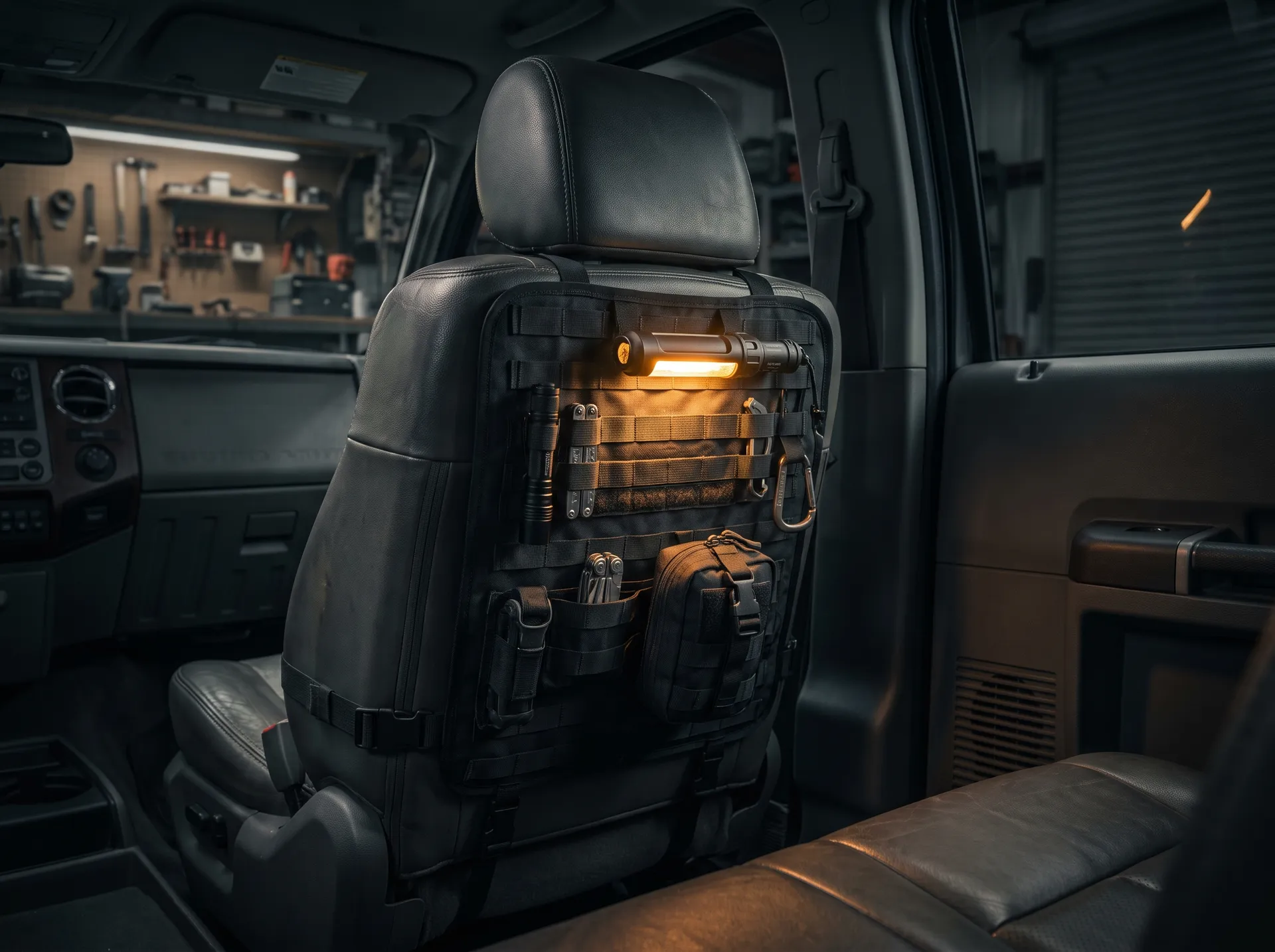 A MOLLE panel that straps to almost any car or truck seat back, built for drivers who want their EDC gear, tools, and pouches organized and within reach.